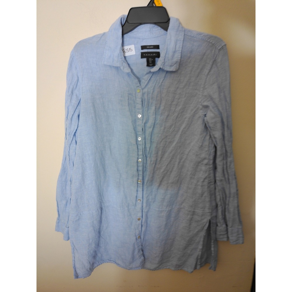 Tahari 100Linen Button Down Shirt Womens L Blue Coastal Airy Long Sleeve Relaxed